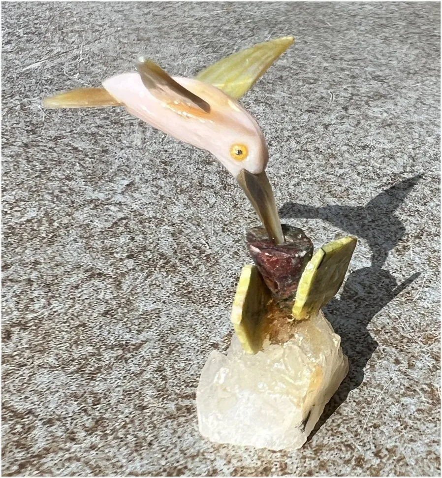 Carved Pink Calcite   Mother of Pearl Miniature HUMMINGBIRD with Flower