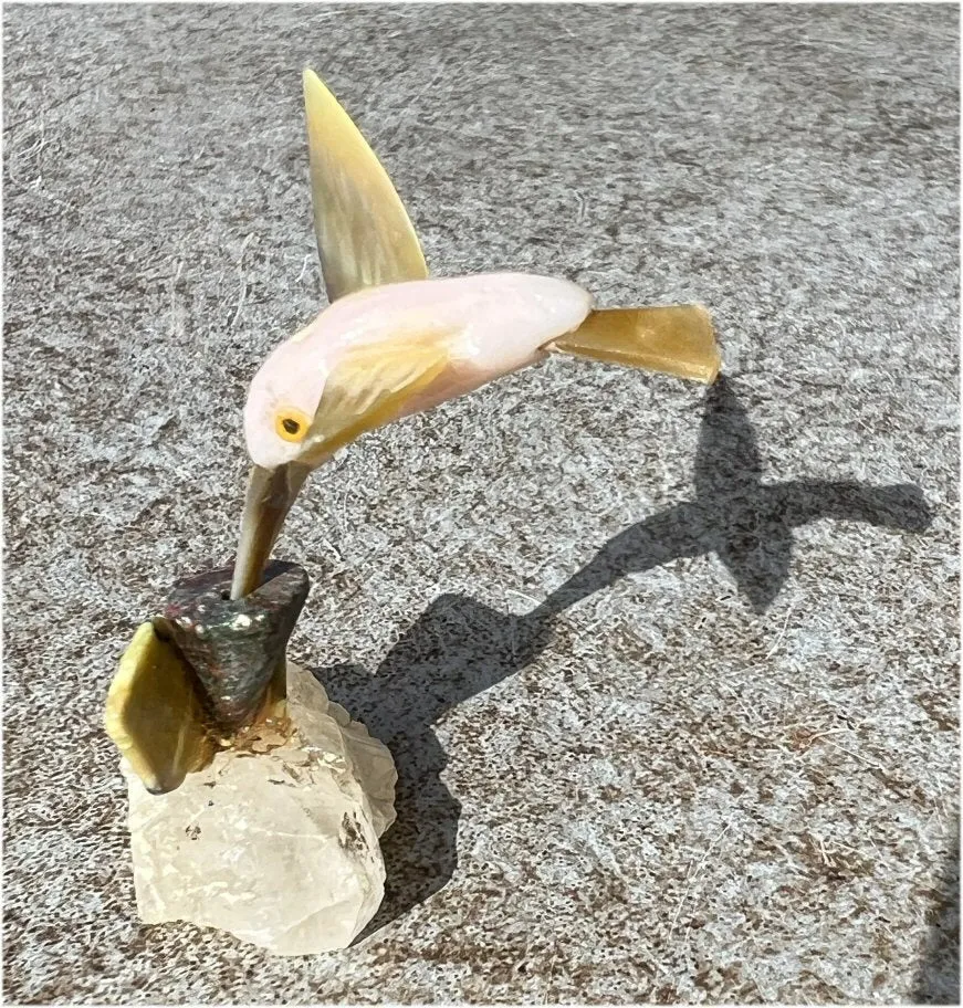 Carved Pink Calcite   Mother of Pearl Miniature HUMMINGBIRD with Flower