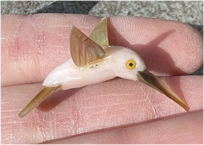 Carved Pink Calcite   Mother of Pearl Miniature HUMMINGBIRD with Flower