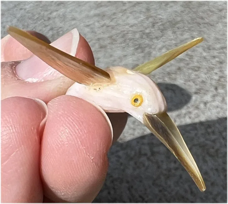 Carved Pink Calcite   Mother of Pearl Miniature HUMMINGBIRD with Flower