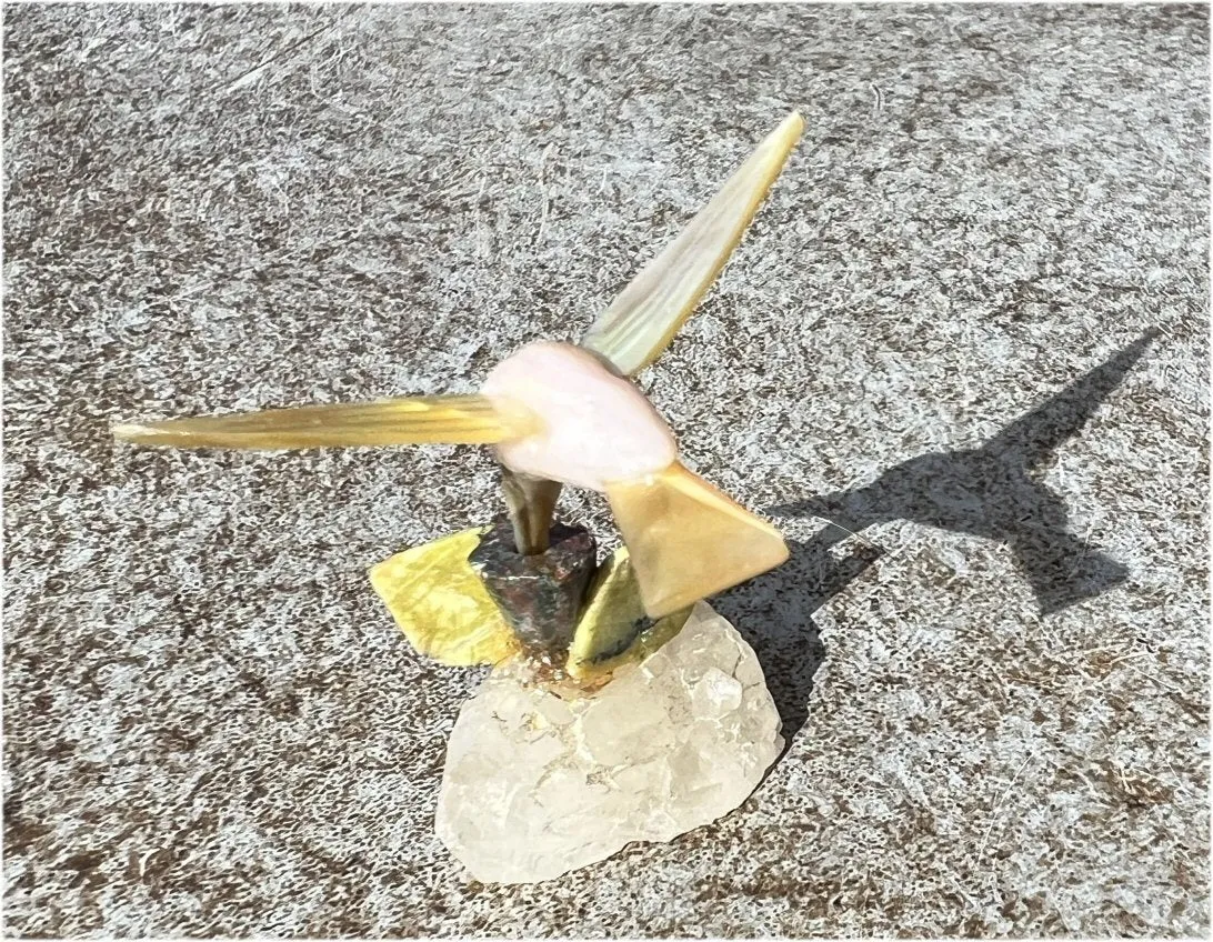 Carved Pink Calcite   Mother of Pearl Miniature HUMMINGBIRD with Flower