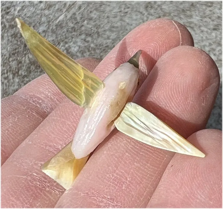 Carved Pink Calcite   Mother of Pearl Miniature HUMMINGBIRD with Flower