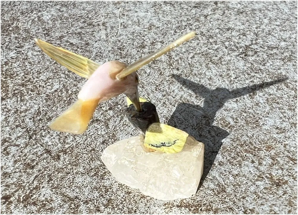 Carved Pink Calcite   Mother of Pearl Miniature HUMMINGBIRD with Flower