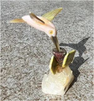 Carved Pink Calcite   Mother of Pearl Miniature HUMMINGBIRD with Flower