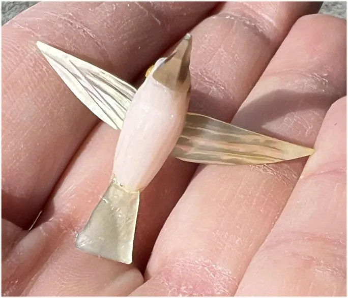 Carved Pink Calcite   Mother of Pearl Miniature HUMMINGBIRD with Flower