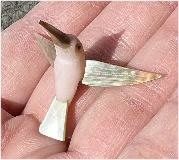 Carved Pink Calcite   Mother of Pearl Miniature HUMMINGBIRD with Flower