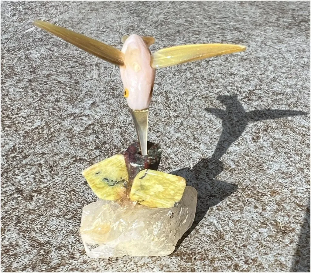Carved Pink Calcite   Mother of Pearl Miniature HUMMINGBIRD with Flower
