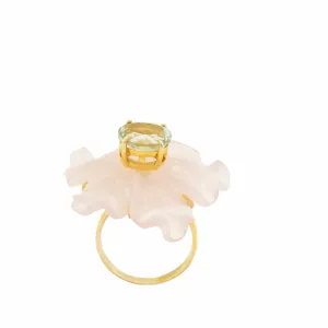 Carved Rose Quartz Flower With Green Amethyst Ring - Size 7