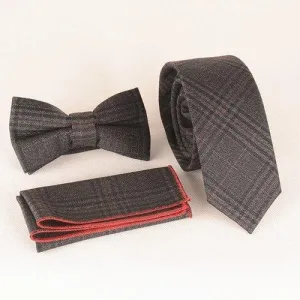 Casual Deep Tartan Pattern Tie Pocket Square Bow Tie - Deep Gray