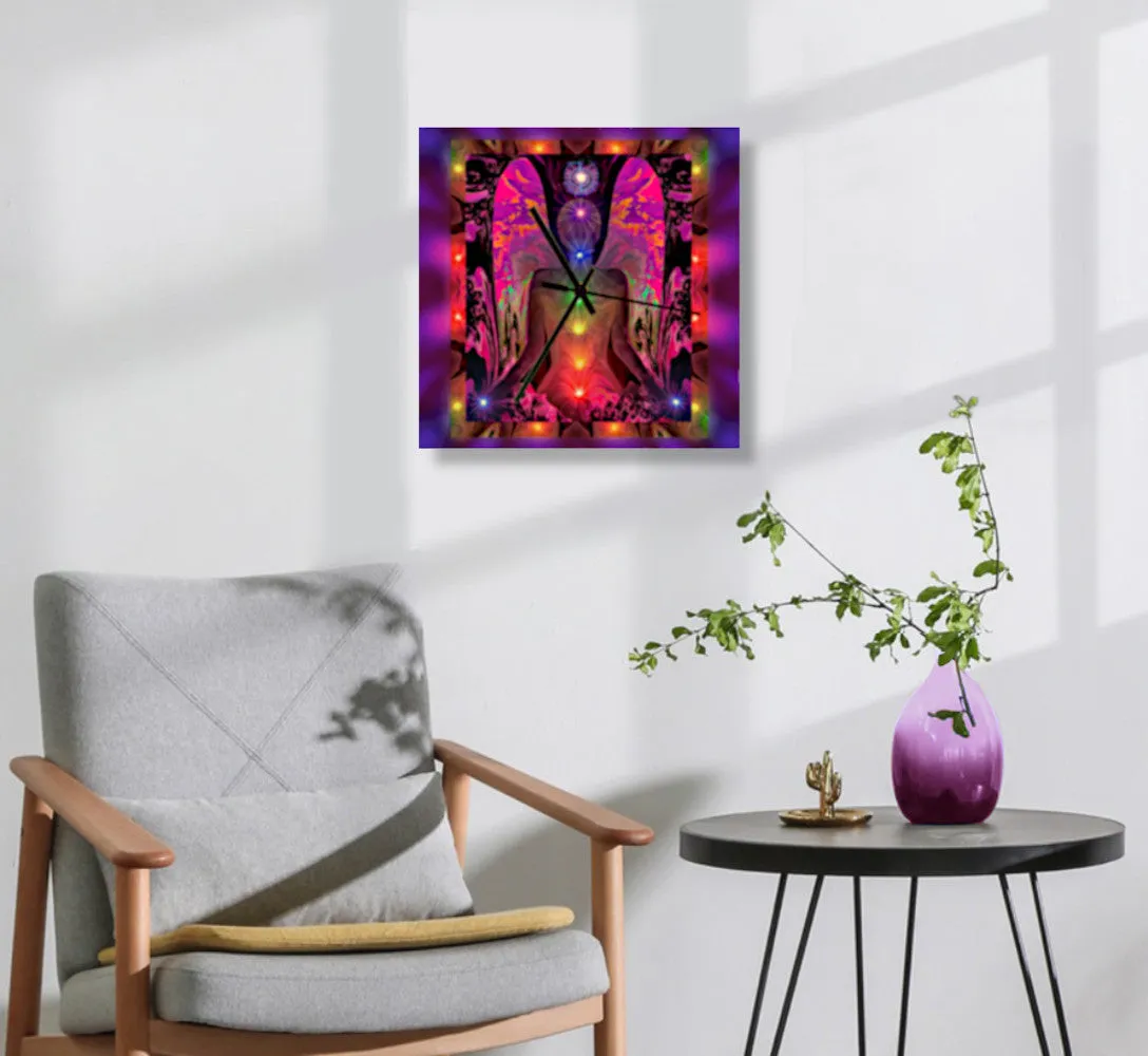 Chakra Art Wood Wall Clock, Square Functional Colorful Decor, Reiki Angel Art  - "Balance Within Chaos"