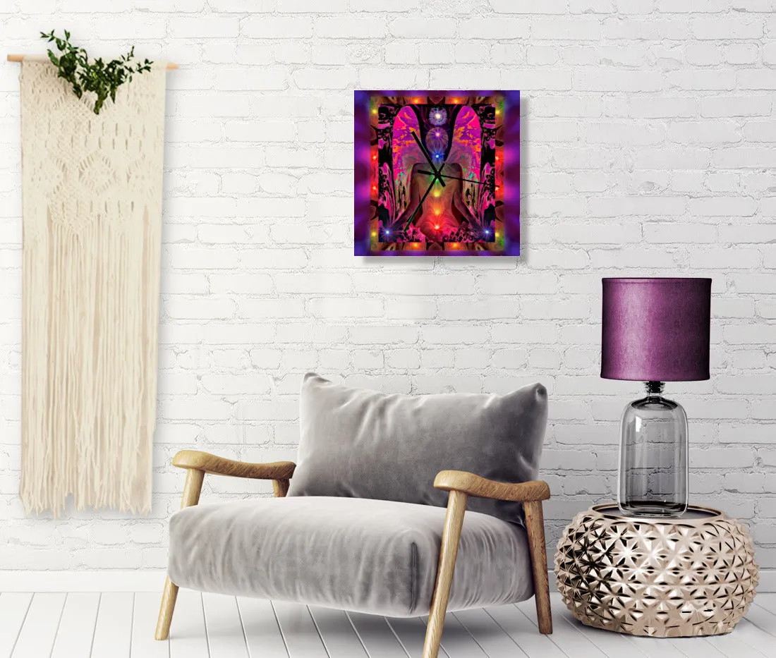 Chakra Art Wood Wall Clock, Square Functional Colorful Decor, Reiki Angel Art  - "Balance Within Chaos"