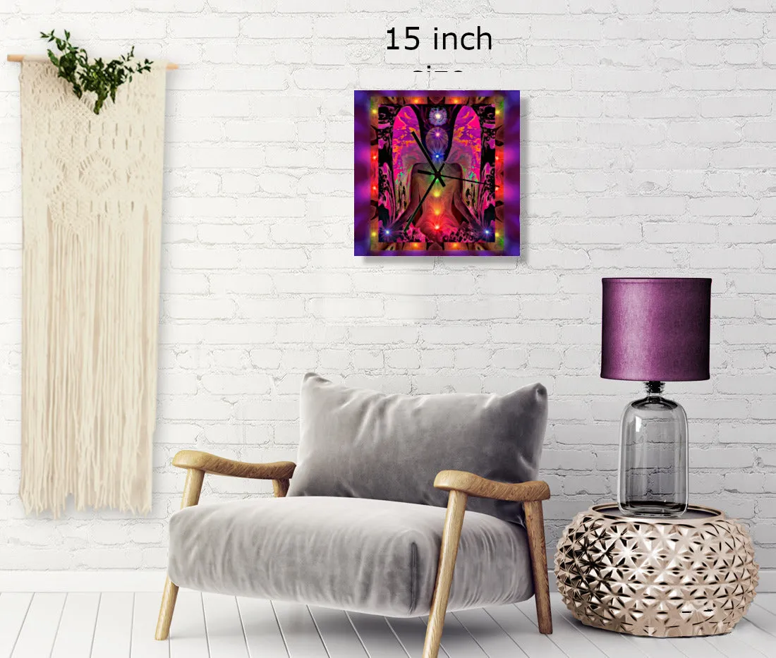 Chakra Art Wood Wall Clock, Square Functional Colorful Decor, Reiki Angel Art  - "Balance Within Chaos"