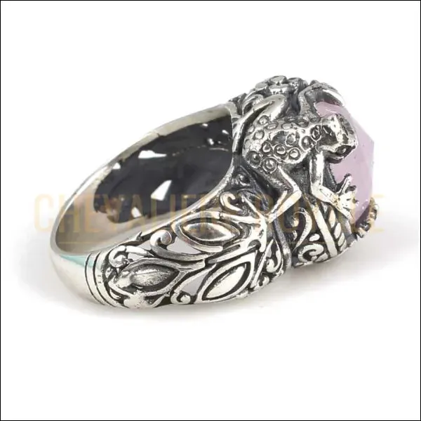 Chevalière Femme en Argent avec Pierre de Quartz Rose