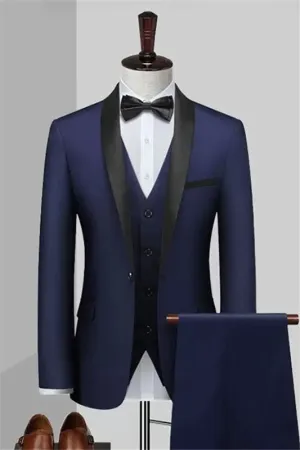 Chic Dark Blue 3 Piece Shawl Lapel Wedding Suit for Men