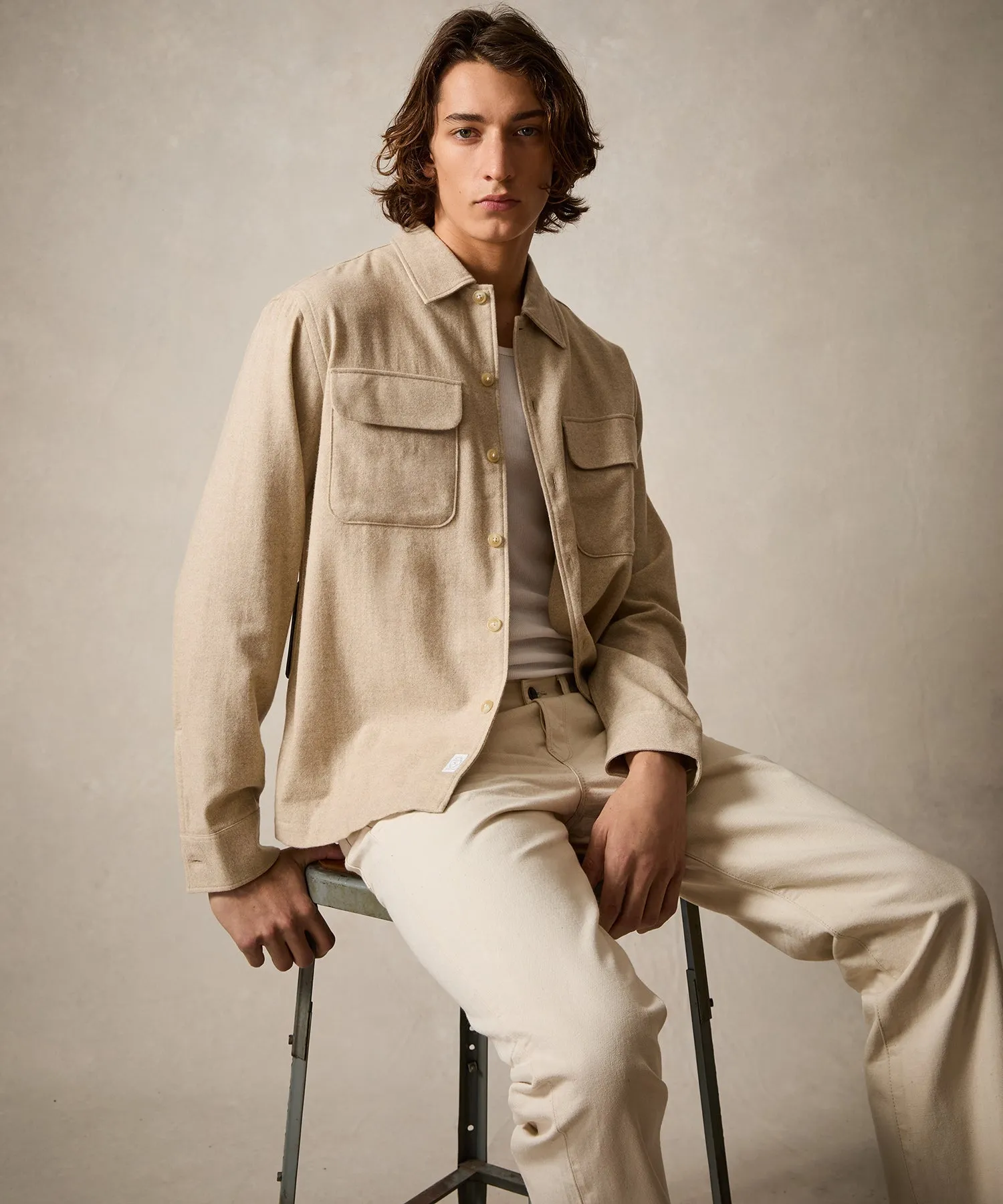 Classic Fit Italian Wool Cashmere Field Shirt in Cream