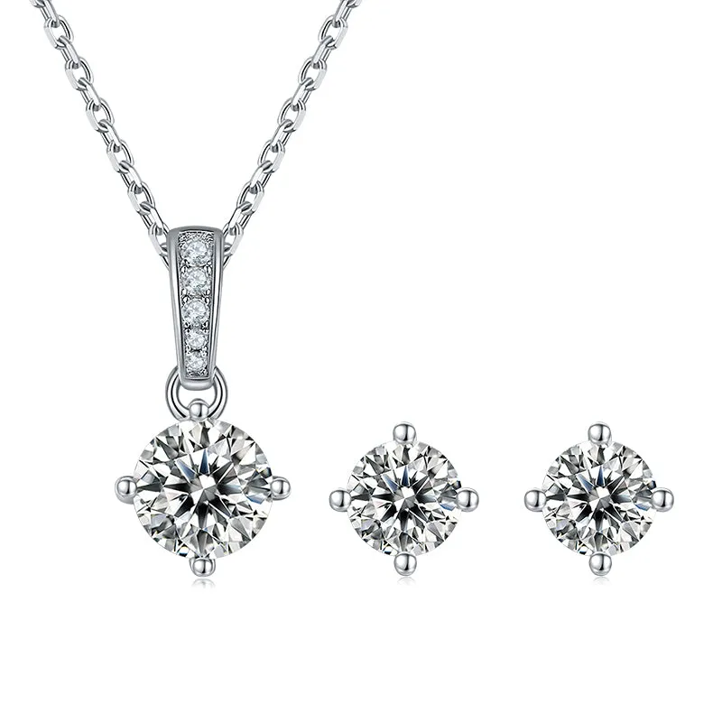 Classic Round 2ctw. Moissanite Stud Earrings and 2ct Moissanite Pendant Necklace Jewelry Set