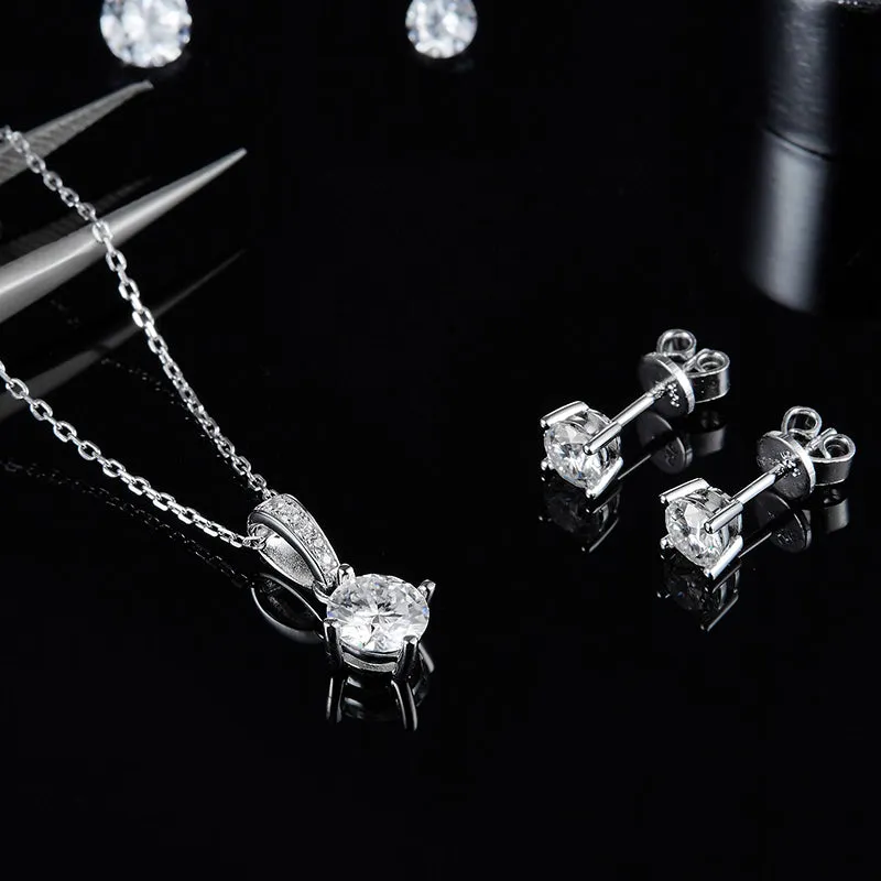 Classic Round 2ctw. Moissanite Stud Earrings and 2ct Moissanite Pendant Necklace Jewelry Set