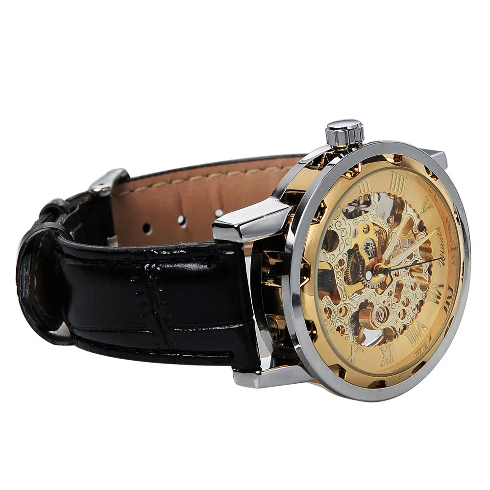 Classy Men's Gold Dial Skeleton Black Leather Mechanical Sport Army Wrist Watch