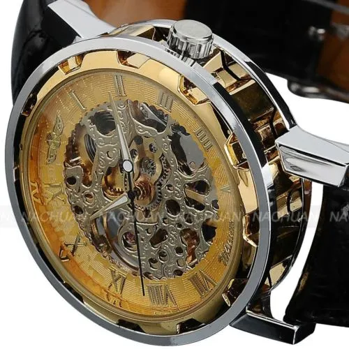 Classy Men's Gold Dial Skeleton Black Leather Mechanical Sport Army Wrist Watch