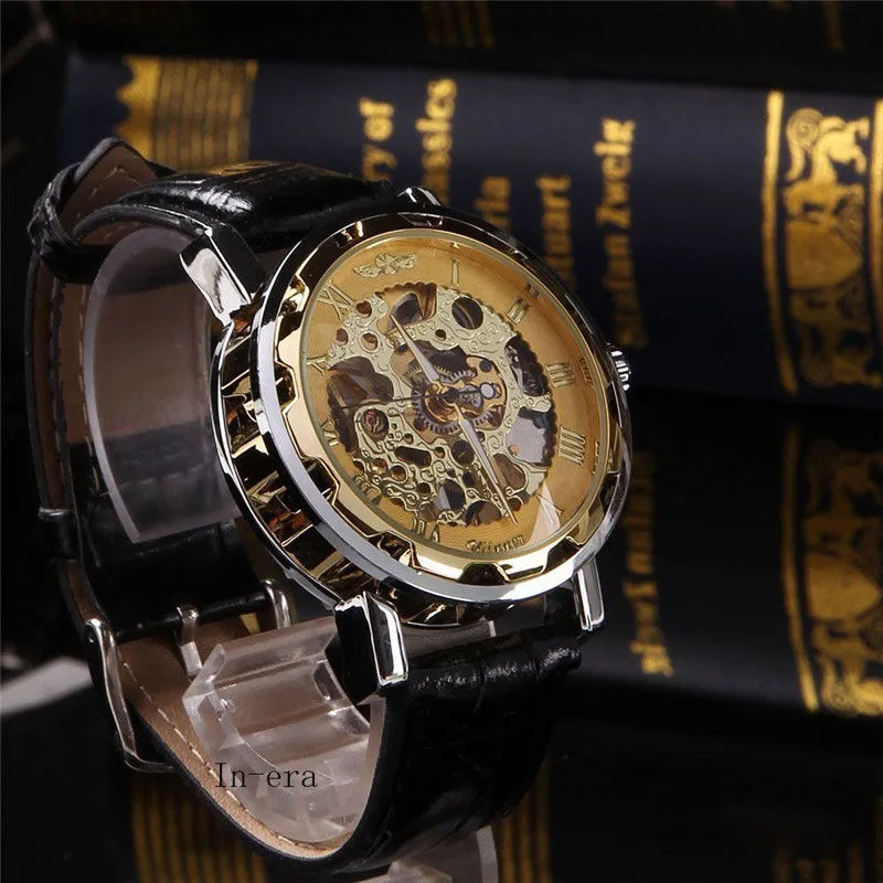 Classy Men's Gold Dial Skeleton Black Leather Mechanical Sport Army Wrist Watch