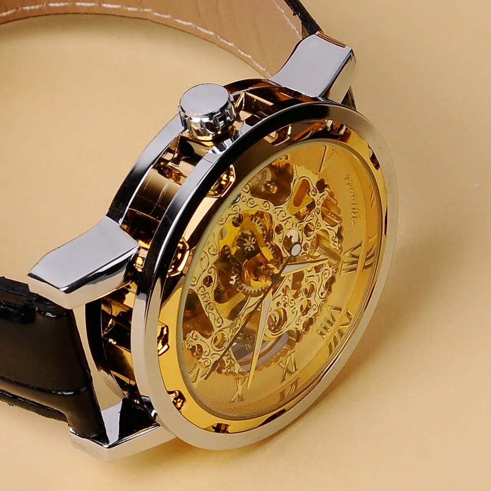 Classy Men's Gold Dial Skeleton Black Leather Mechanical Sport Army Wrist Watch