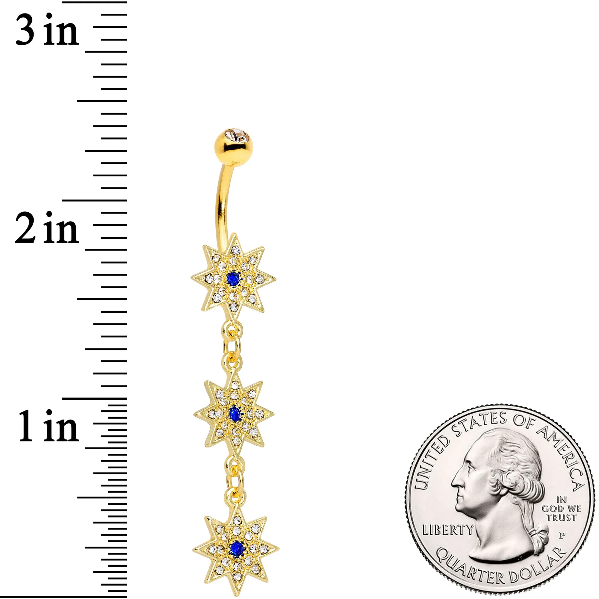 Clear Blue Gem Gold Tone Triple Star Dangle Belly Ring