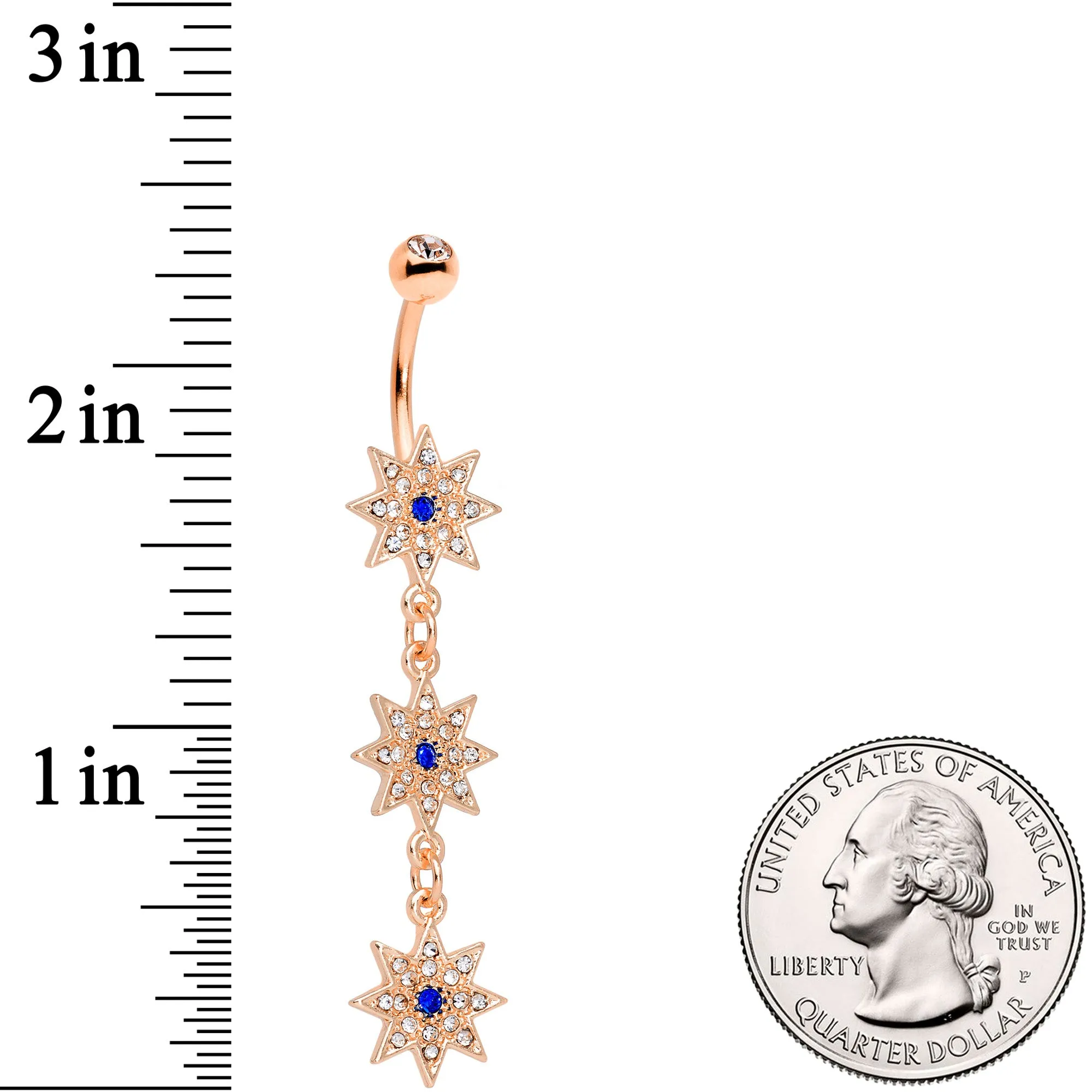 Clear Blue Gem Rose Gold Tone Triple Star Dangle Belly Ring