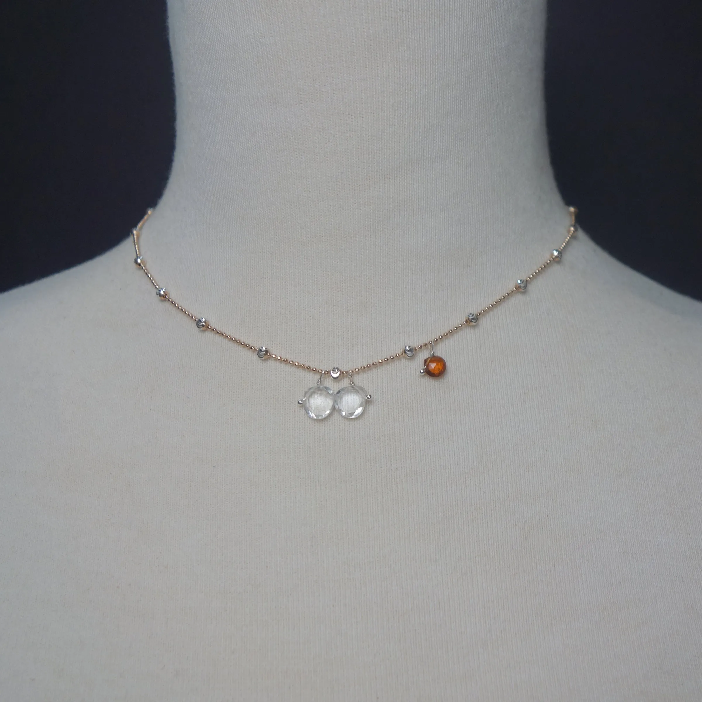 Clear Quartz, Rose Gold, and Hessonite Garnet