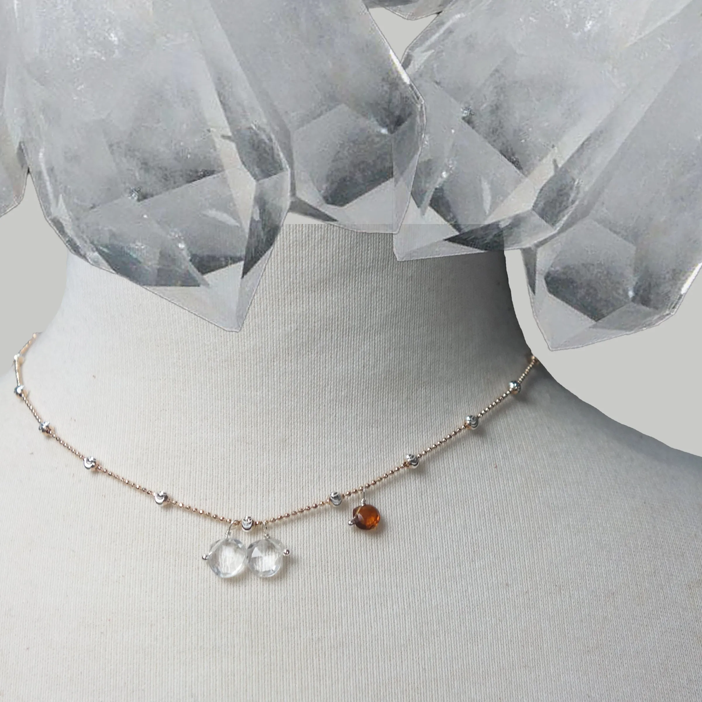 Clear Quartz, Rose Gold, and Hessonite Garnet