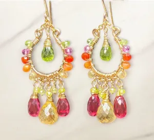 Colorful Gemstone Chandelier Earrings:  Peridot, Citrine, Fuchsia Pink Quartz, Gold Fill