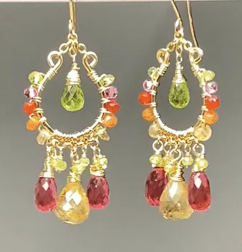 Colorful Gemstone Chandelier Earrings:  Peridot, Citrine, Fuchsia Pink Quartz, Gold Fill