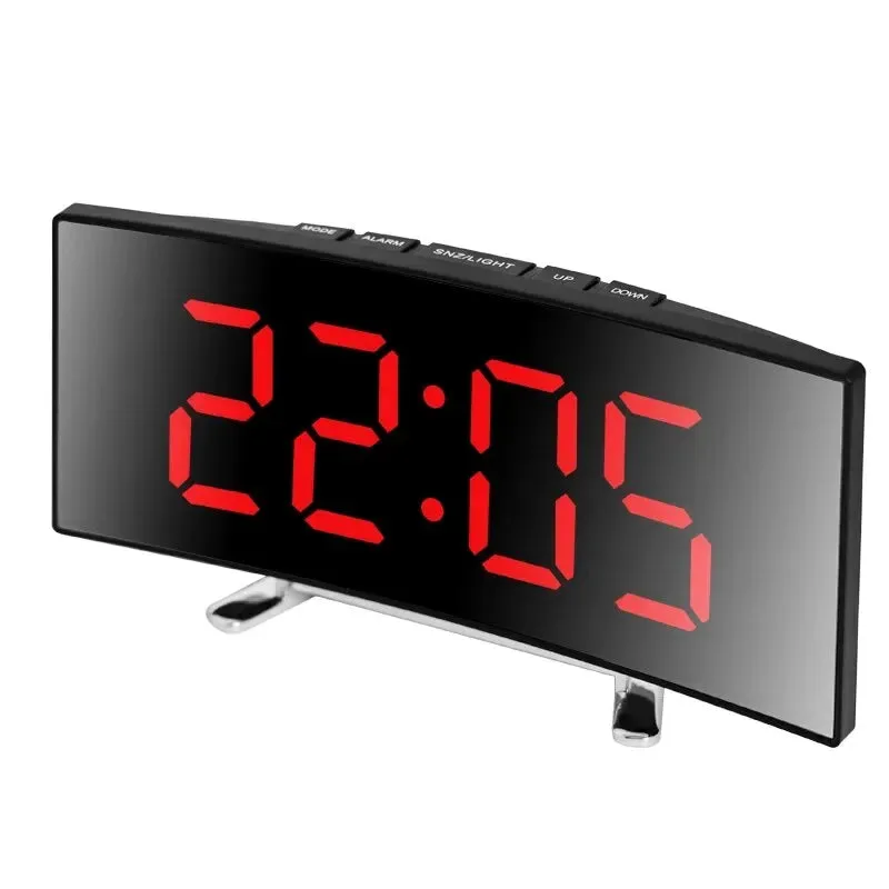 Creative Curved LED Clock with Mirror & Dual-Purpose Alarm