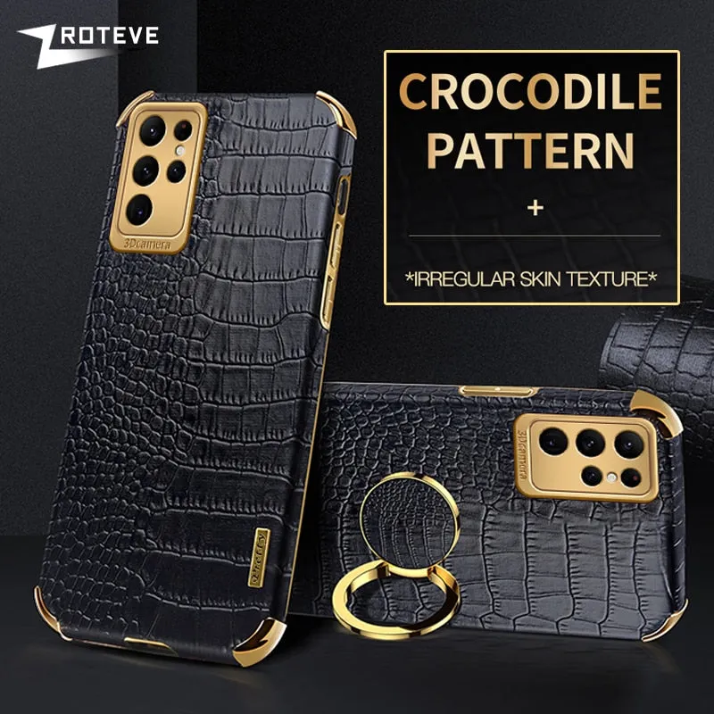 Crocodile Pattern Leather Case For Samsung Galaxy With Ring Holder Kickstand