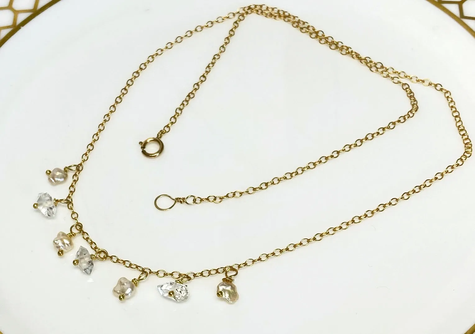 Dainty Gold Filled Choker Necklace with Herkimer Diamonds and Keishi Pearls