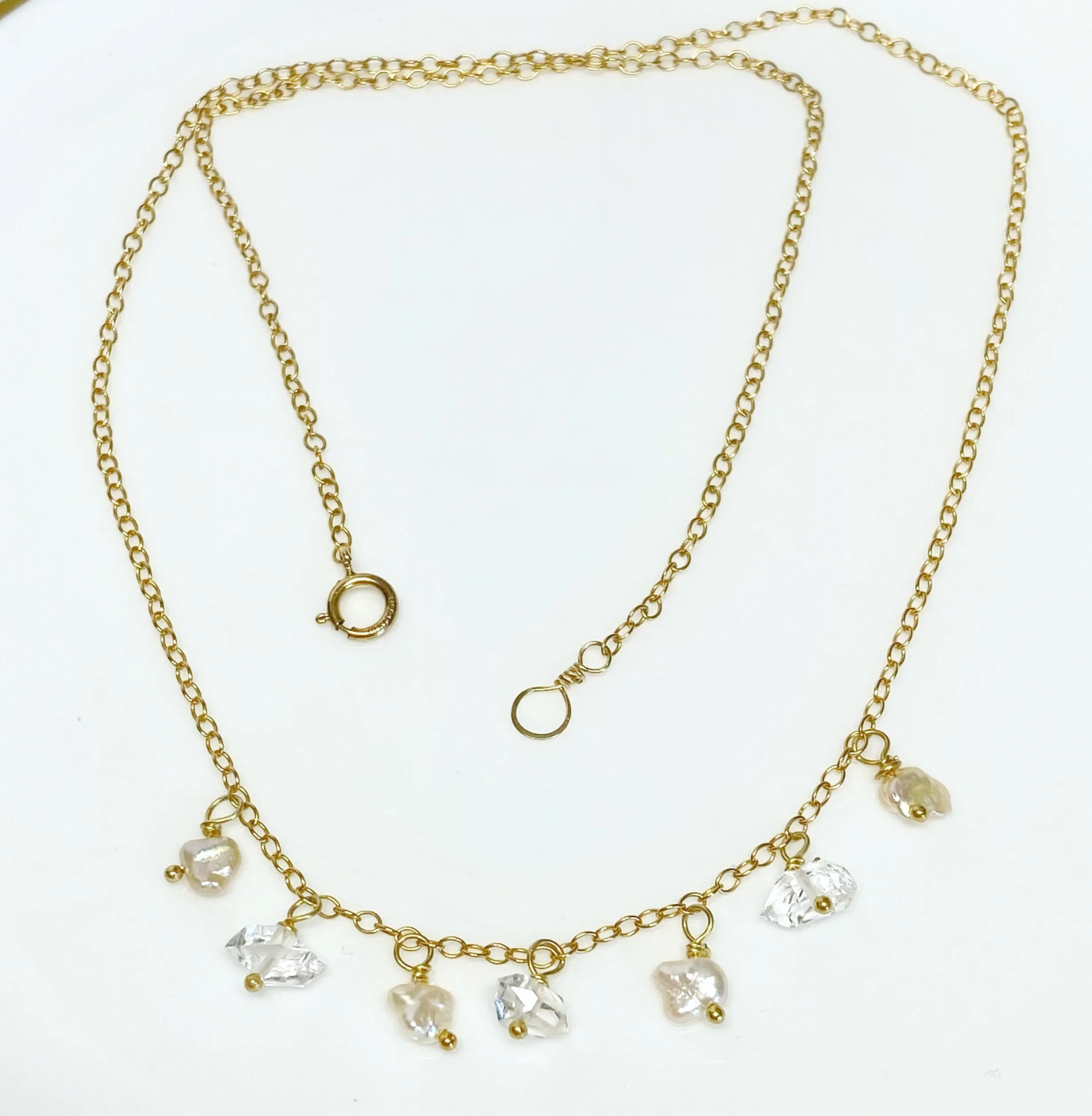 Dainty Gold Filled Choker Necklace with Herkimer Diamonds and Keishi Pearls