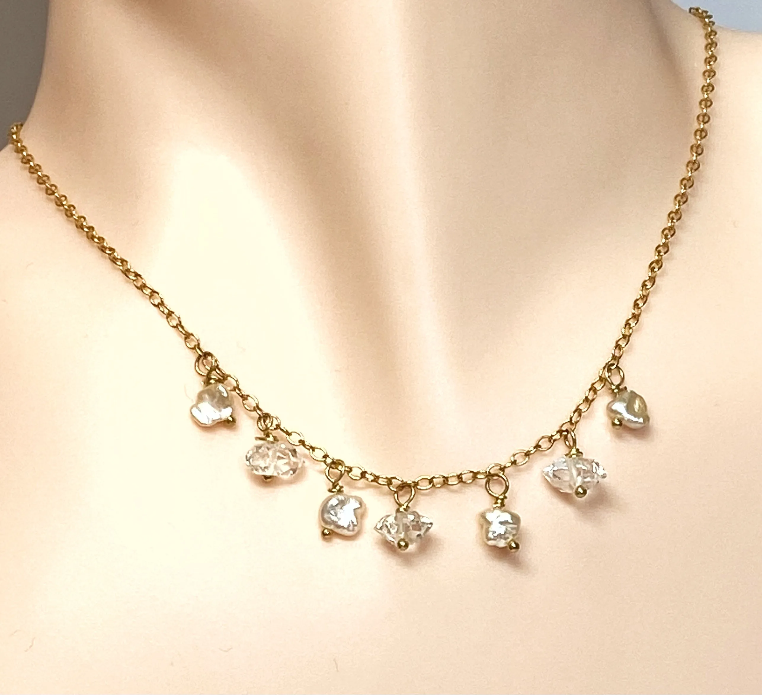 Dainty Gold Filled Choker Necklace with Herkimer Diamonds and Keishi Pearls