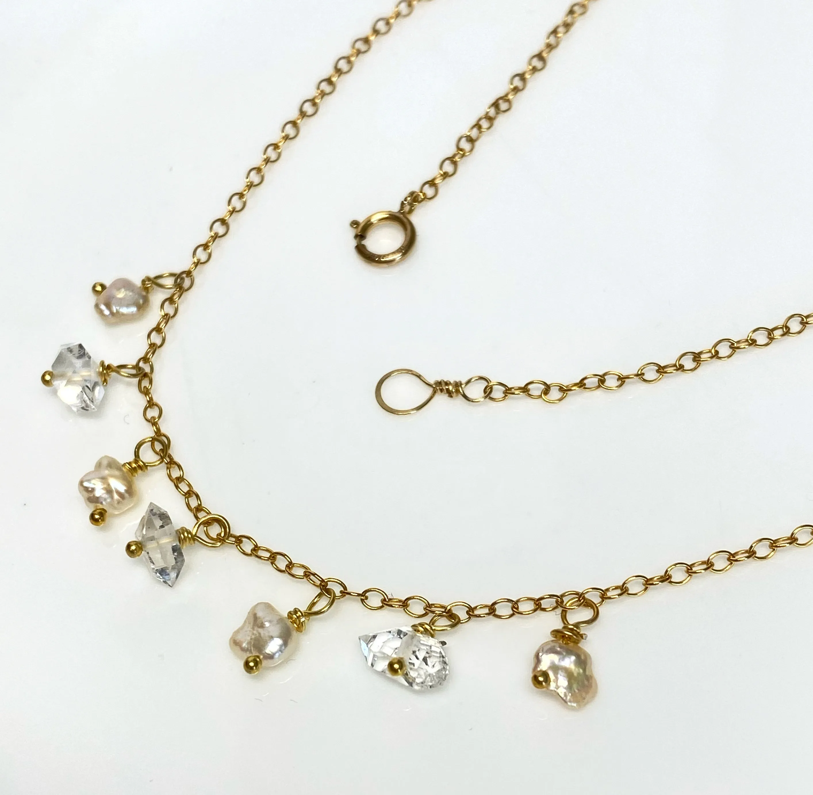 Dainty Gold Filled Choker Necklace with Herkimer Diamonds and Keishi Pearls