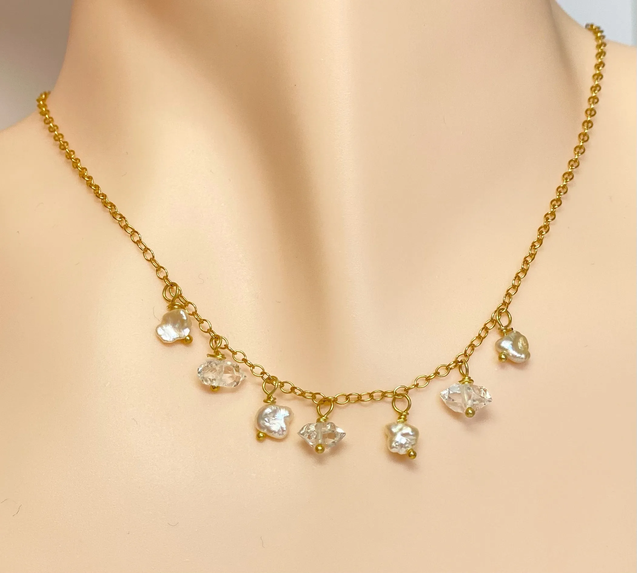 Dainty Gold Filled Choker Necklace with Herkimer Diamonds and Keishi Pearls