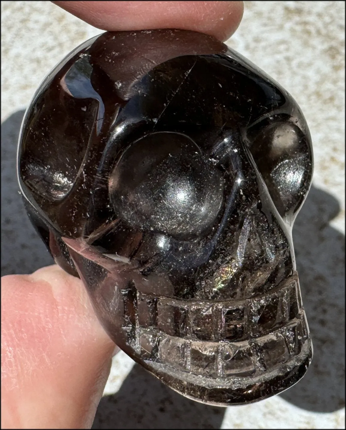 DARK Smoky Quartz Crystal Skull with Hematite inclusions - Dissolve negativity