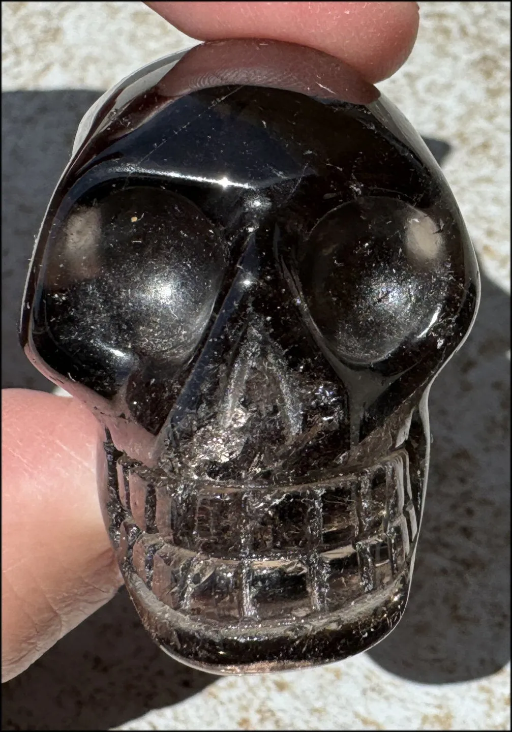 DARK Smoky Quartz Crystal Skull with Hematite inclusions - Dissolve negativity