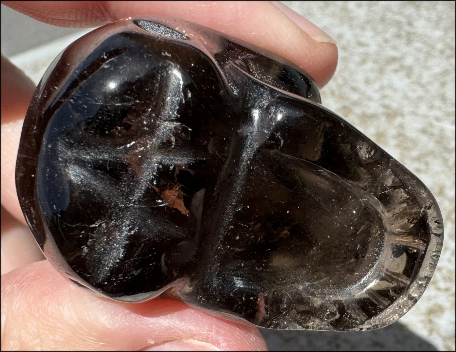 DARK Smoky Quartz Crystal Skull with Hematite inclusions - Dissolve negativity