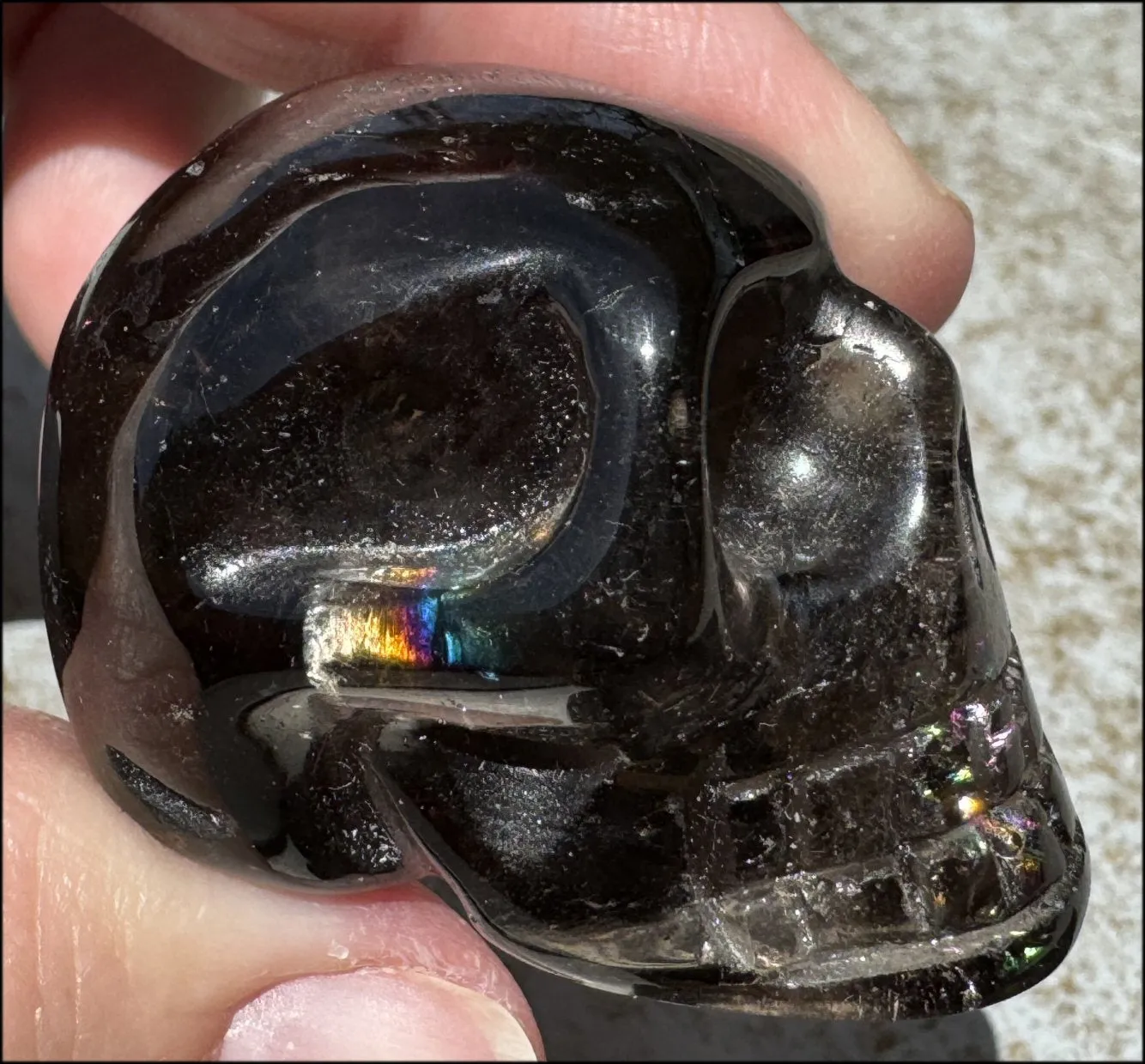 DARK Smoky Quartz Crystal Skull with Hematite inclusions - Dissolve negativity