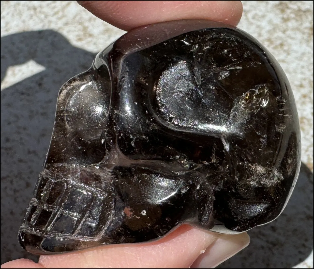 DARK Smoky Quartz Crystal Skull with Hematite inclusions - Dissolve negativity