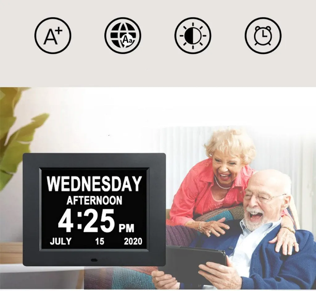 Day Date Calendar Clock Dementia Clock Digital Alarm Clock with Large LCD Screen (Black)