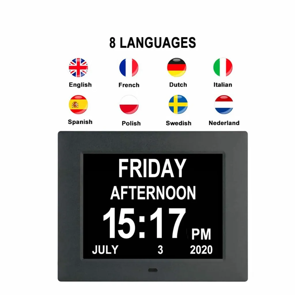 Day Date Calendar Clock Dementia Clock Digital Alarm Clock with Large LCD Screen (Black)