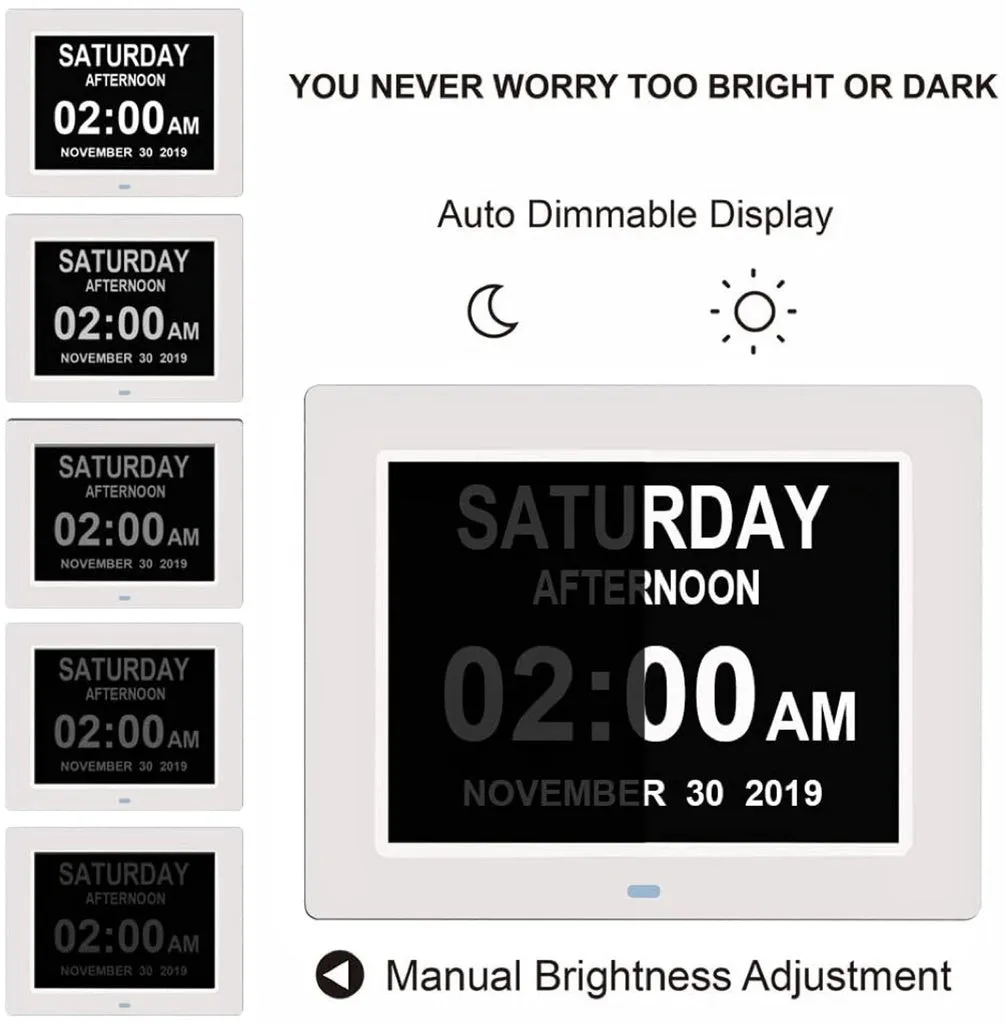 Day Date Calendar Clock Dementia Clock Digital Alarm Clock with Large LCD Screen (White)