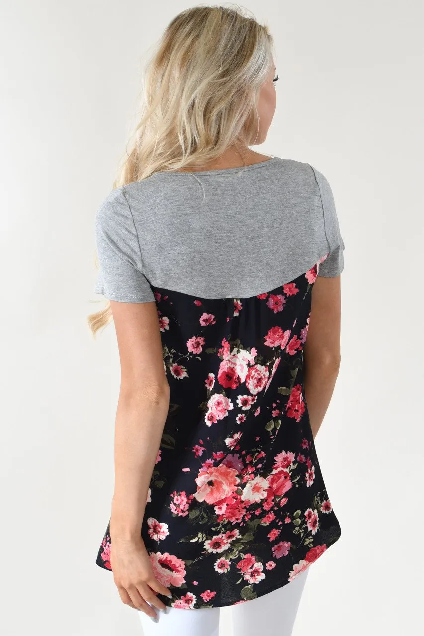 Deep Navy Floral Pocket Top