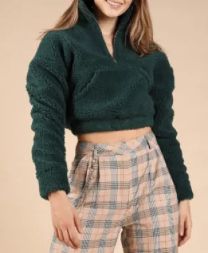 Deep Quarter Zip Kangaroo Pocket Cropped Drop Shoulder Sweatshirt