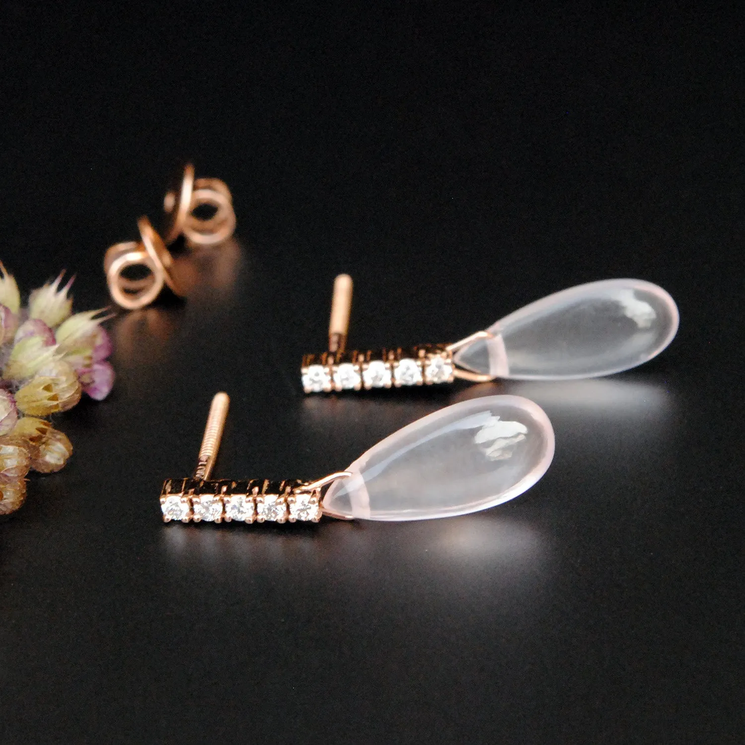 Diamond & Rose Quartz Dangle Studs