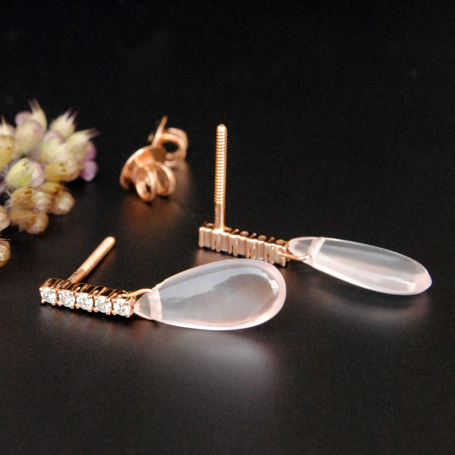Diamond & Rose Quartz Dangle Studs